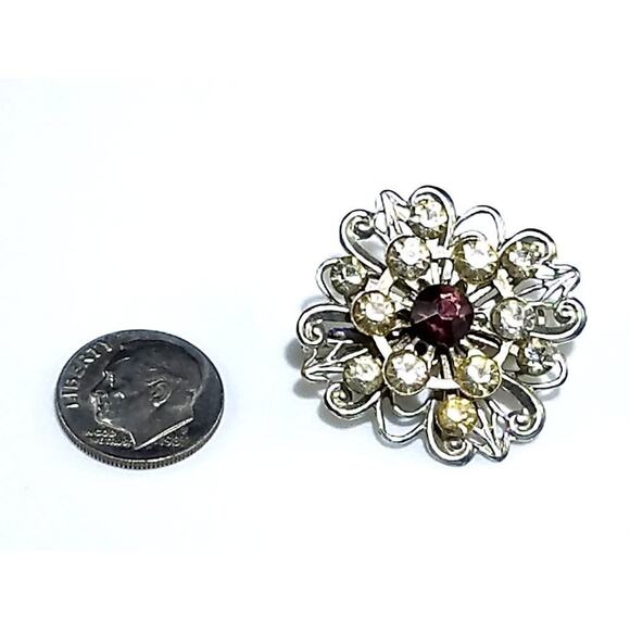 1950s Silver Tone Flower Brooch Purple Center Clear Rhinestone Vintage Pin - Picture 3 of 9